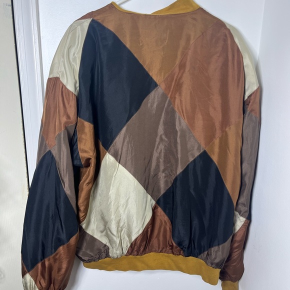 Tulliano 100% Silk Bomber Jacket XL Colorblock Brown Blue Zip Vintage - Picture 9 of 9